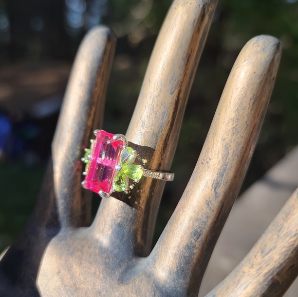Pink Topaz massive 8k emerald cut with pear shape Peridot sterling ring sz 8 - Picture 7 of 17